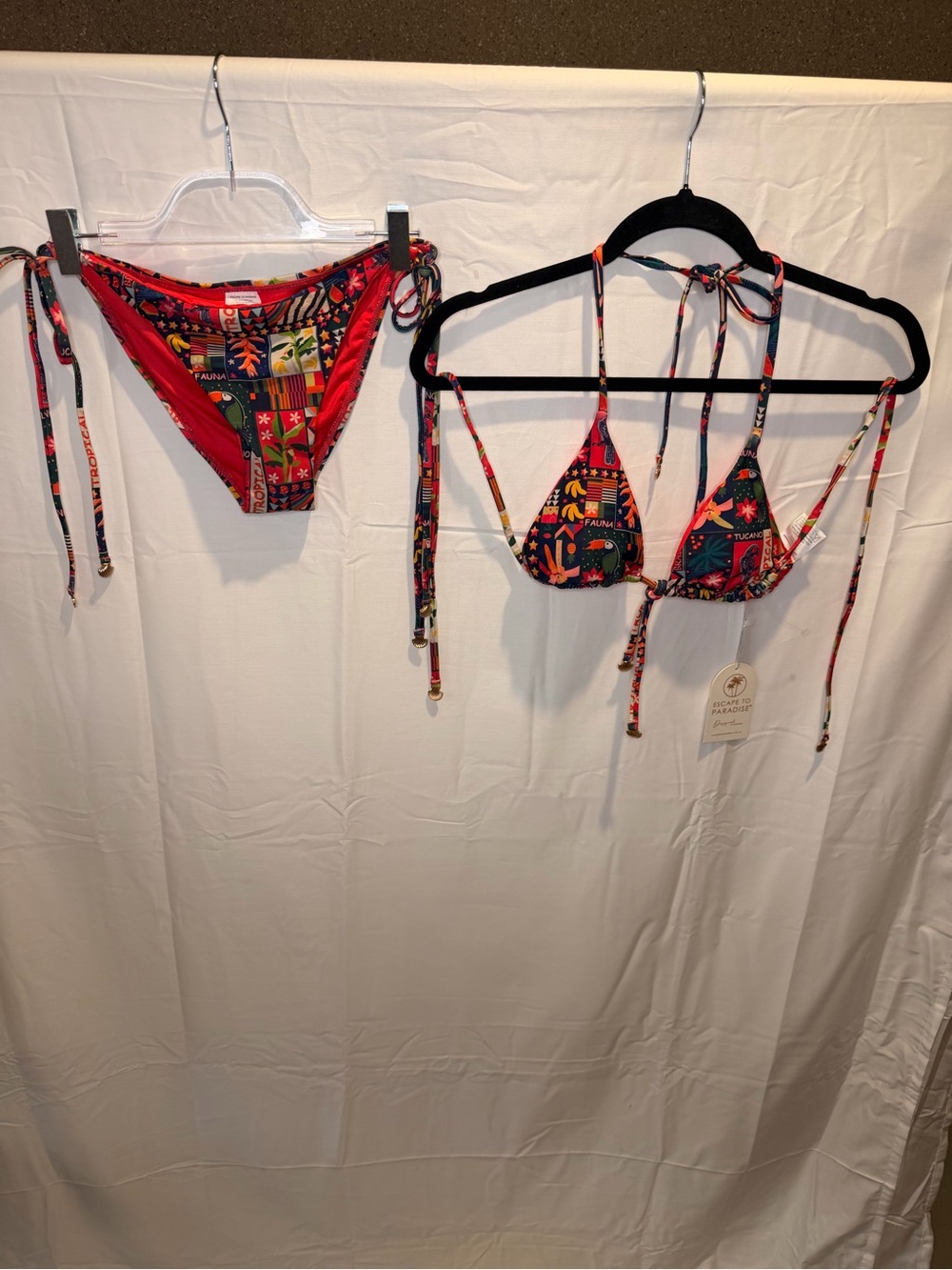 Red Tropical Print Triangle Bikini Set with Tie Sides